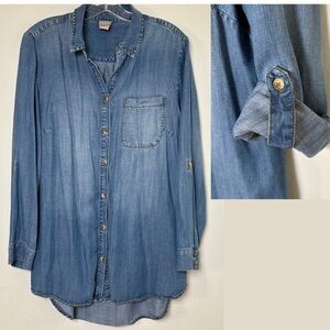 CHICO’S Denim Chambray Roll Tab Long Sleeve Button Down Long Tunic Shirt Top M